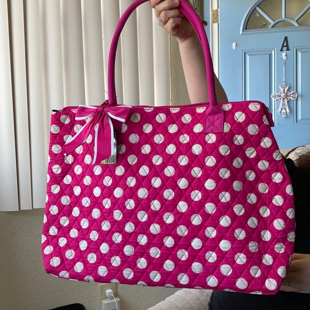 Hot pink polka dot tote bag